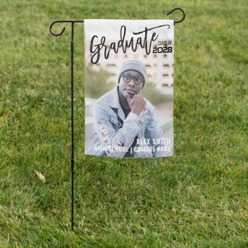 Modern Black Brush Script Full Photo Graduation Garden Flag