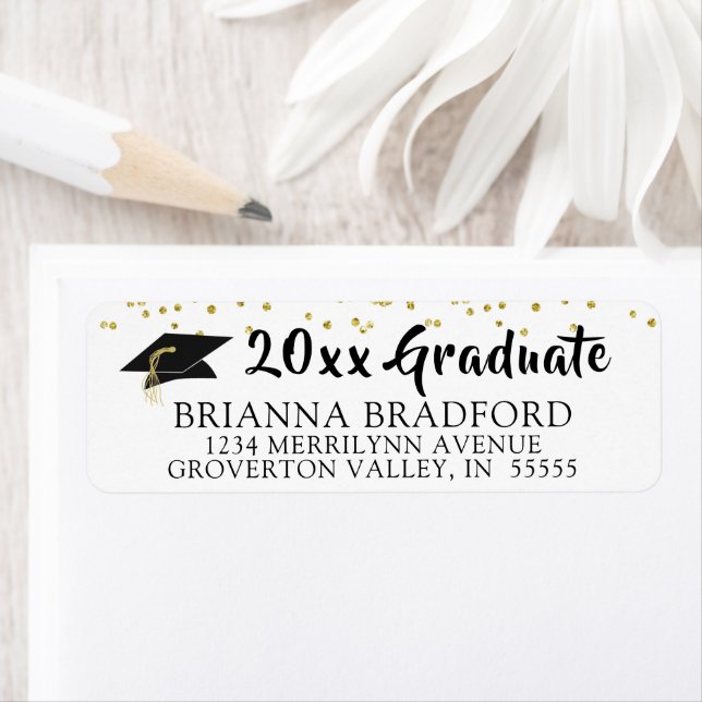 Modern Black Brush Script Gold Confetti Grad Cap Label (Insitu)