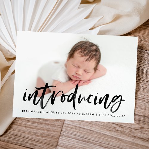 Modern Black Brush Script Introducing Photo Birth Announcement