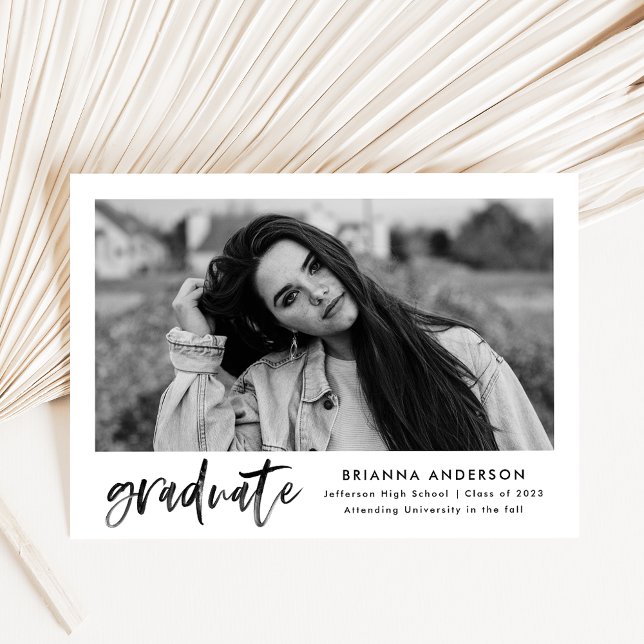 Modern Black Brush Script Photo Graduation Announcement (Creator Uploaded)