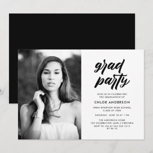 Modern Black Brush Script Photo Graduation Party Invitation
