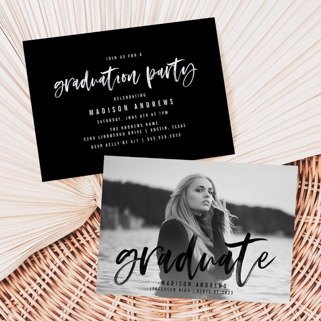 Modern Black Brush Script Photo Graduation Party Invitation (Creator Uploaded)