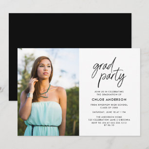 Modern Black Brush Script Photo Graduation Party Invitation