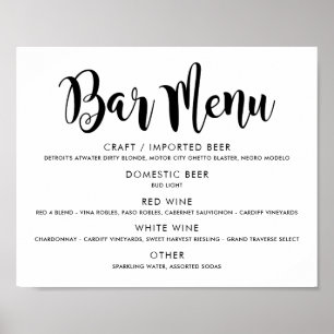Modern Black Brush Script Wedding Bar Menu Poster