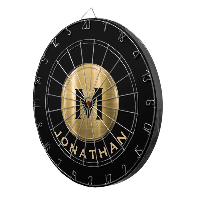 Modern Black Brushed Gold Monogram Name Dart Board (Front Right)