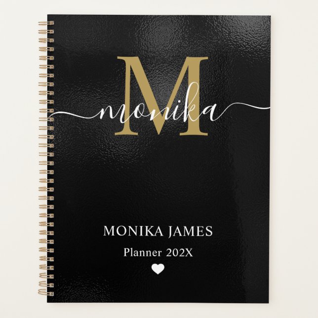Modern Black Brushed Metal Gold Heart Monogram Planner (Front)