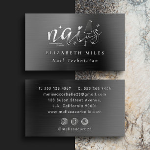 Modern Black Brushed Metal Nail Salon/Technician Raised Spot UV Business Card
