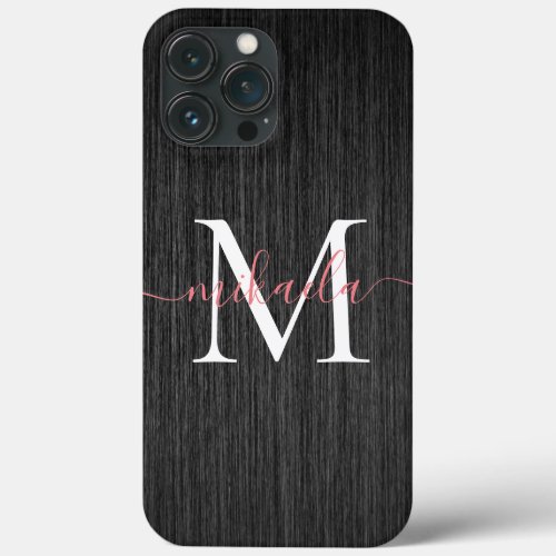 Modern Black Brushed Metal Rose Gold Monogram iPhone 13 Pro Max Case