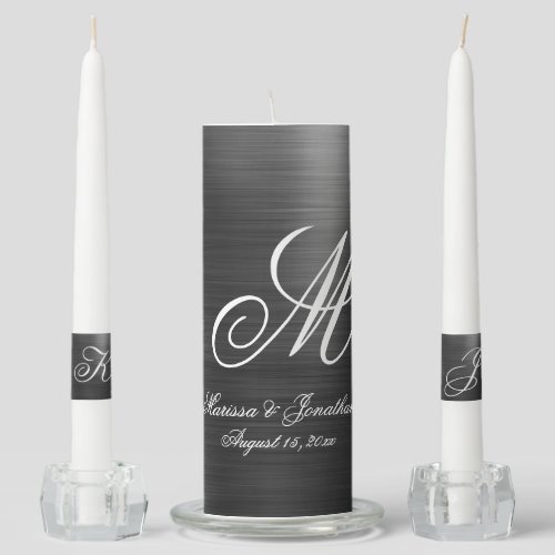 Modern Black Brushed Metallic Monogram Wedding Unity Candle Set