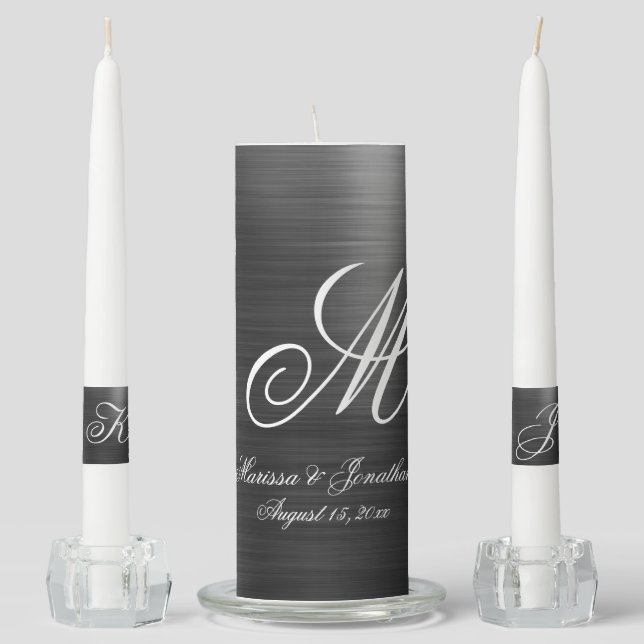 Modern Black Brushed Metallic Monogram Wedding Unity Candle Set (Front)