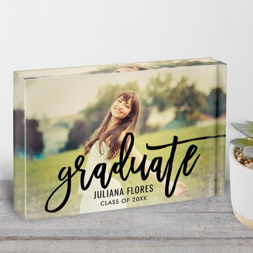 Modern Black Brushed Script Graduate Photo Block