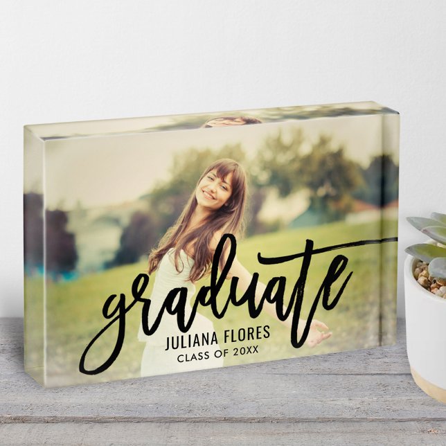 Modern Black Brushed Script Graduate Photo Block (Creator Uploaded)