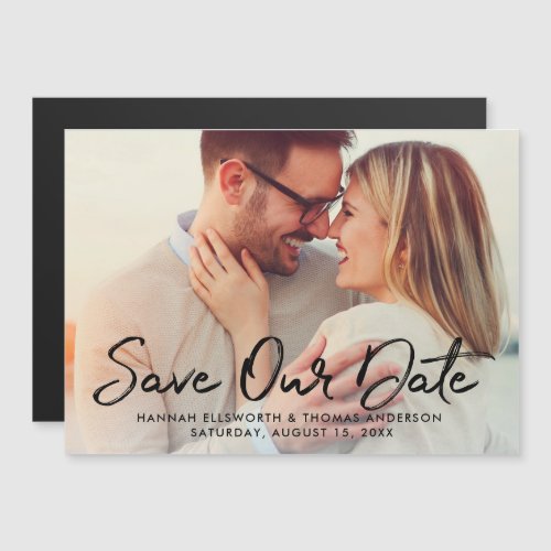 Modern Black Brushed Script Photo Save Our Date