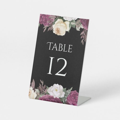 Modern Black Burgundy Peonies Table Number Pedestal Sign