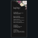 Modern Black Burgundy Peonies Wedding Menu Card<br><div class="desc">Introducing the Modern Peony Wedding Collection's Wedding Menu Card, a perfect addition to your wedding table decor. This elegant card features a black background with burgundy, white, and cream-colored roses, adding a touch of sophistication to your wedding. The bohemian-inspired font adds a unique and stylish flair to the design, making...</div>