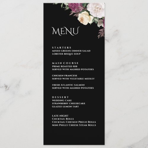 Modern Black Burgundy Peonies Wedding Menu Card