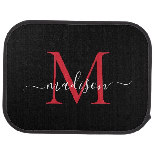 Modern Black Burgundy Red Monogram Feminine Script Car Floor Mat