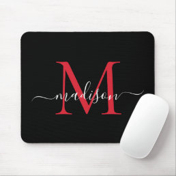 Modern Black Burgundy Red Monogram Girly Script Mouse Pad