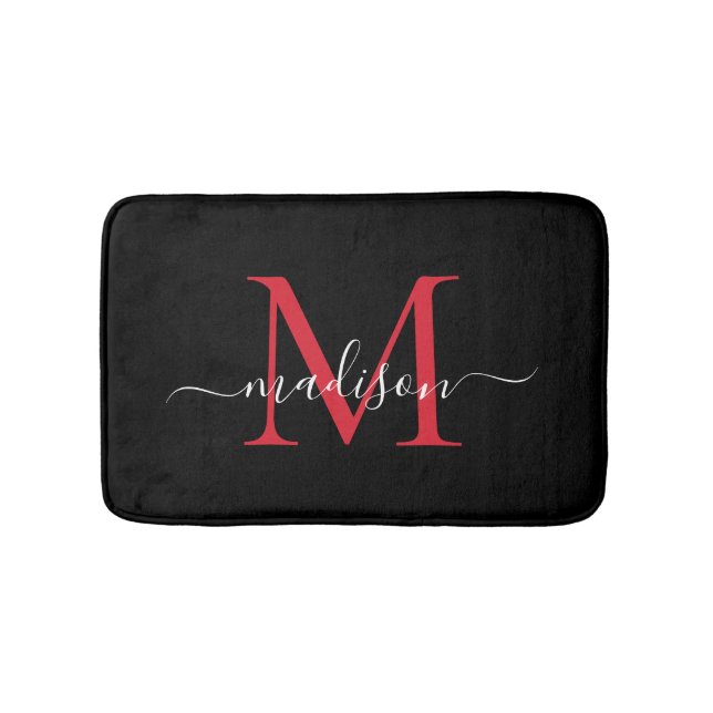 Modern Black Burgundy Red Monogram Script Elegant Bath Mat (Front)