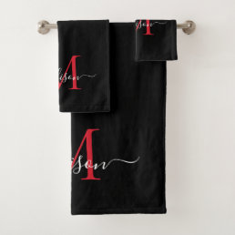 Modern Black Burgundy Red Monogram Script Name Bath Towel Set