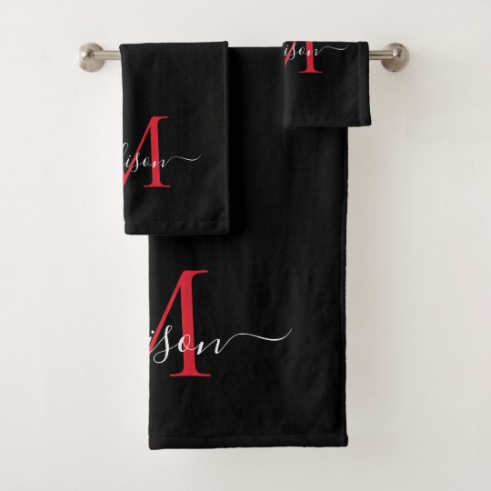 Modern Black Burgundy Red Monogram Script Name Bath Towel Set | Zazzle.com