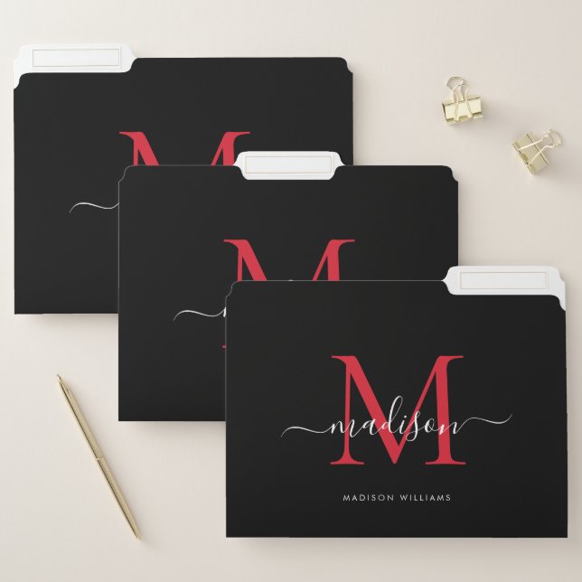 Modern Black Burgundy Red Monogram Script Name File Folder (Set)