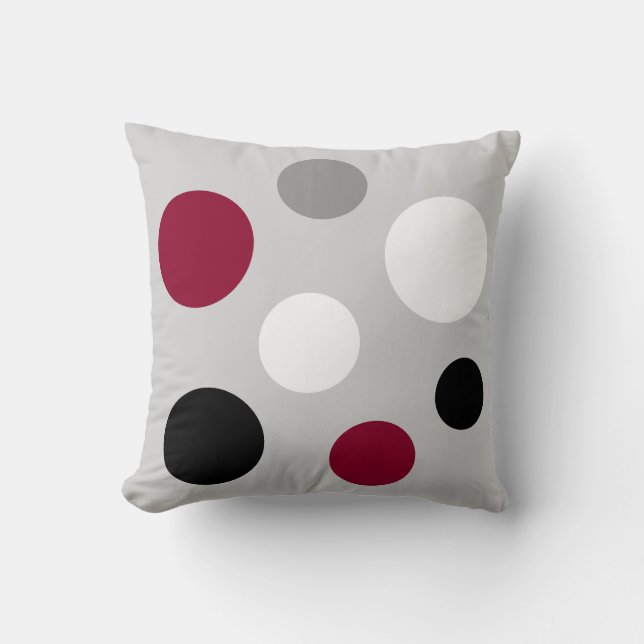 Modern Black Burgundy White Circles on Light Gray Throw Pillow (Front)