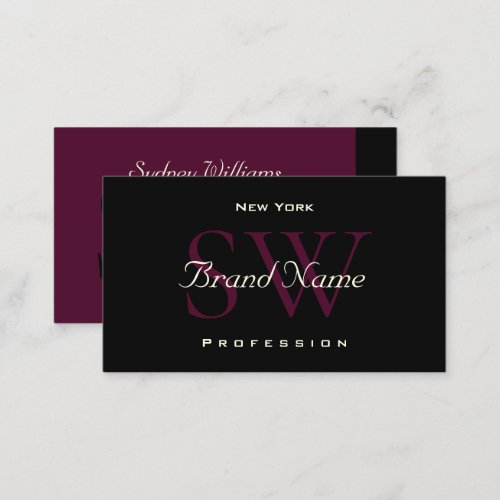 Modern Black Burgundy White Large Monogram Elegant Business Card