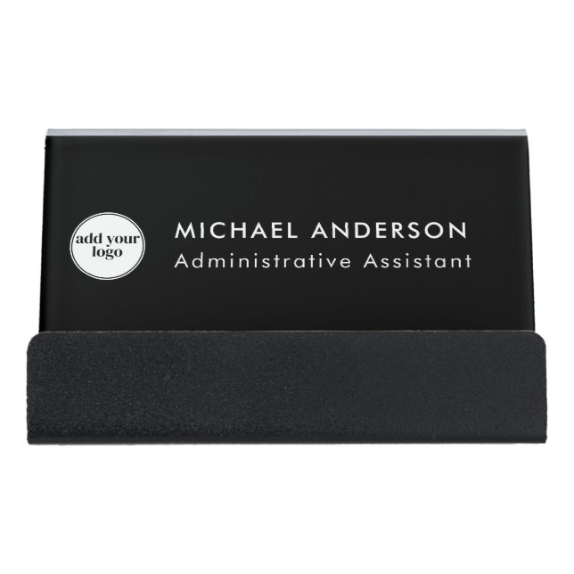 Modern Black Business Custom Company Logo  Desk Business Card Holder (Front)
