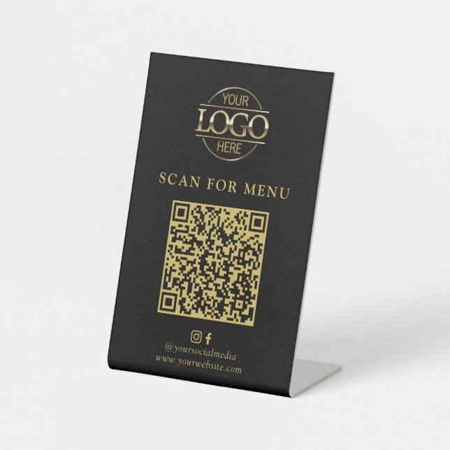 Modern Black Business Logo Contactles QR Code Menu Pedestal Sign (Front)