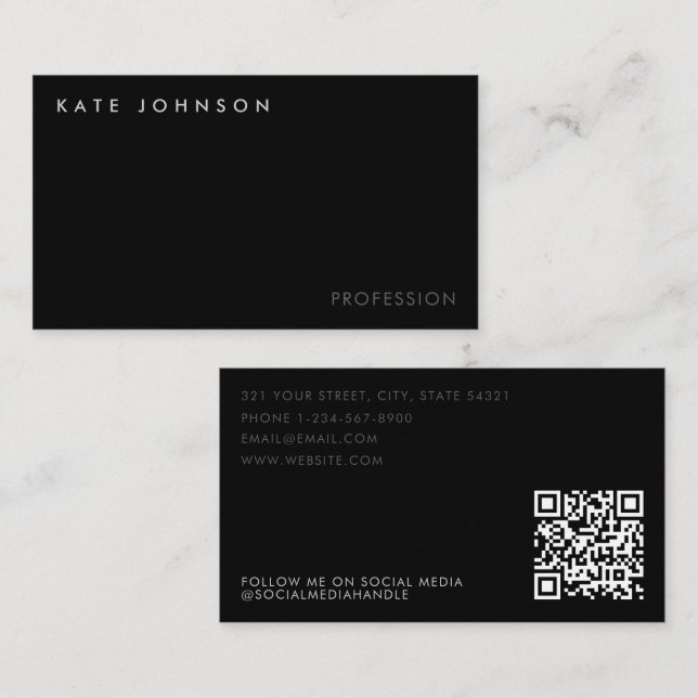 Modern Black Business Professional QR Code  Business Card (Front/Back)