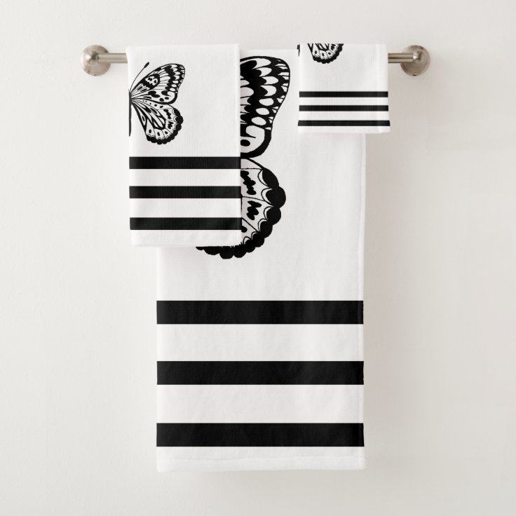 Modern Black Butterflies & Stripes Bath Towel Set Zazzle