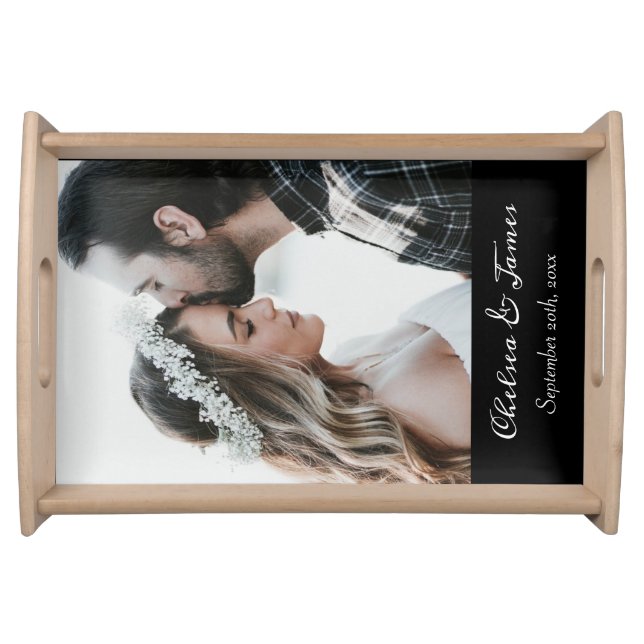 Modern Black Calligraphy Add Your Own Photo  Serving Tray (Front)