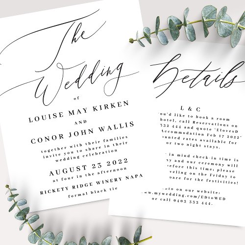 Modern Black Calligraphy Details on back Wedding Invitation