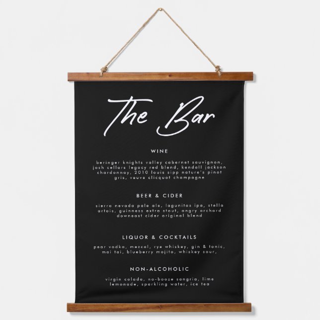 Modern Black Calligraphy Drinks Wedding Bar Menu Hanging Tapestry (Front)