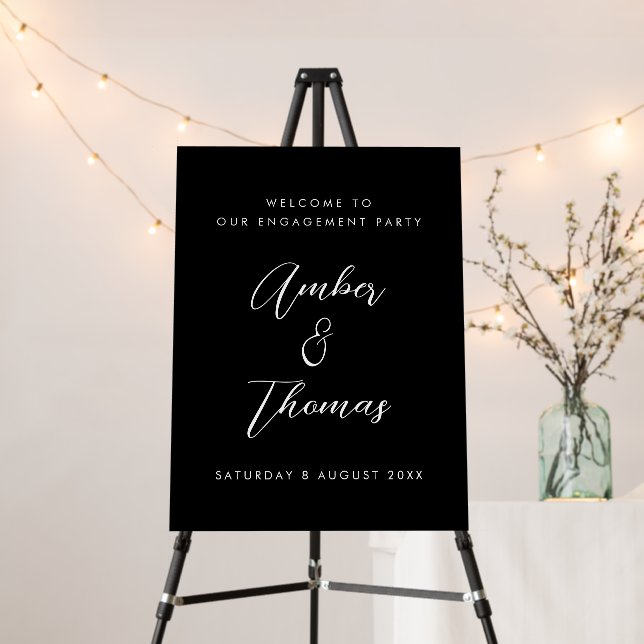 Modern Black Calligraphy Engagement Welcome Sign (In Situ (Stand))