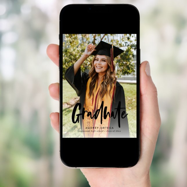 Modern Black Calligraphy Photo Graduation Invitation (Front Digital)