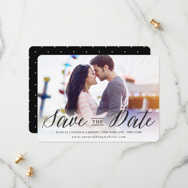 Modern Black Calligraphy Script Typography Photo Save The Date (Front/Back In Situ)