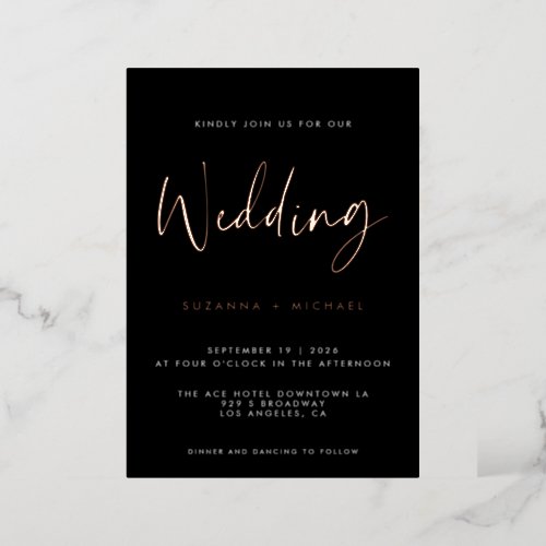 Modern Black Calligraphy Script Wedding Gold  Foil Invitation