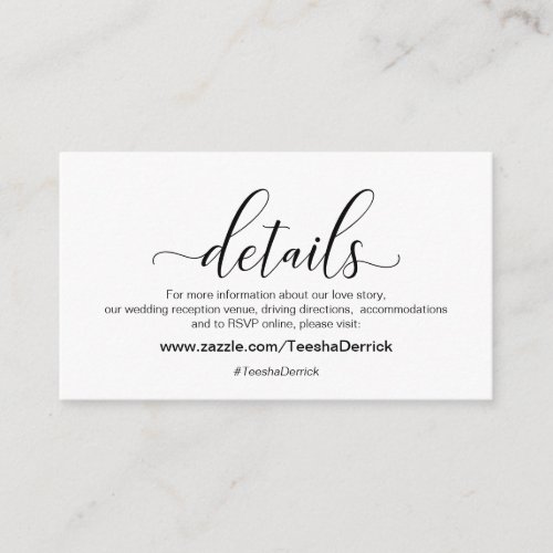 Modern black calligraphy Wedding Details Enclosure Card