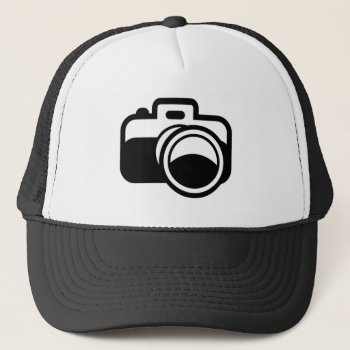 Modern Black Camera Icon Photographer Trucker Hat by NetSpeak at Zazzle