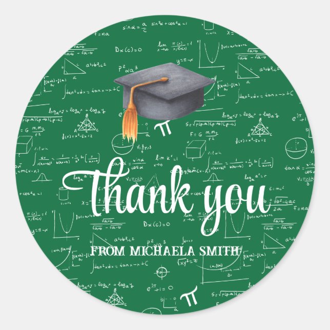Modern Black Cap Green Math Graduation Thank You Classic Round Sticker (Front)