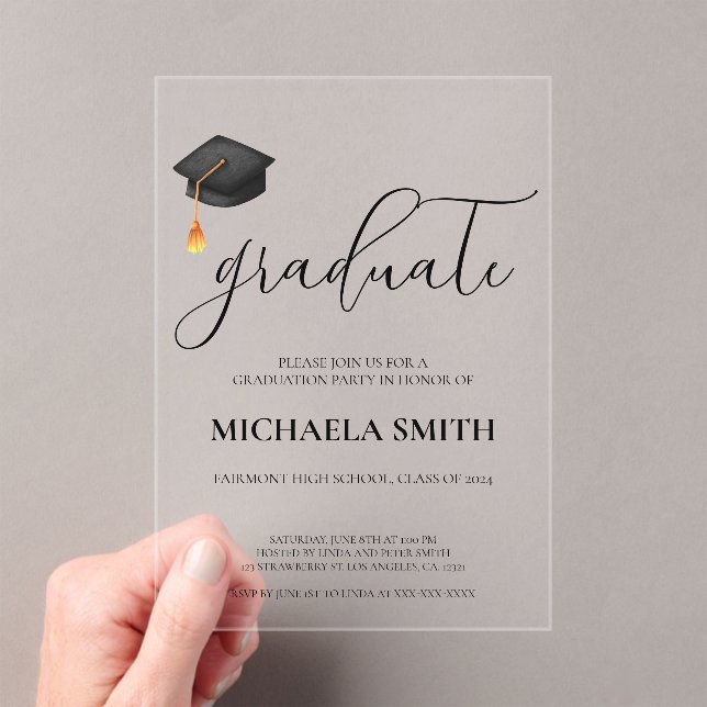 Modern Black Cap High School Graduation Party  Acrylic Invitations (Insitu (Handheld))