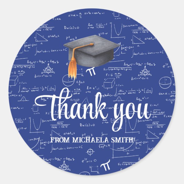 Modern Black Cap Math Graduation Blue Thank You Classic Round Sticker (Front)
