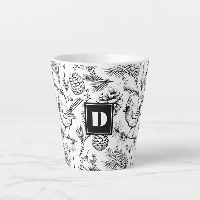 Modern Black Cardinal Bird Pine Winter Berries Latte Mug (Front)