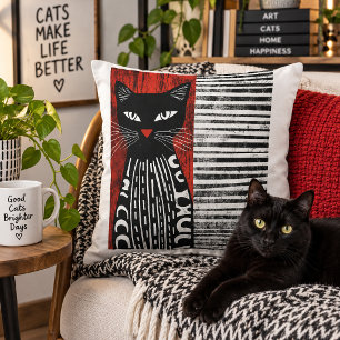 Modern Black Cat Abstract Folk Art Design Throw Pillow