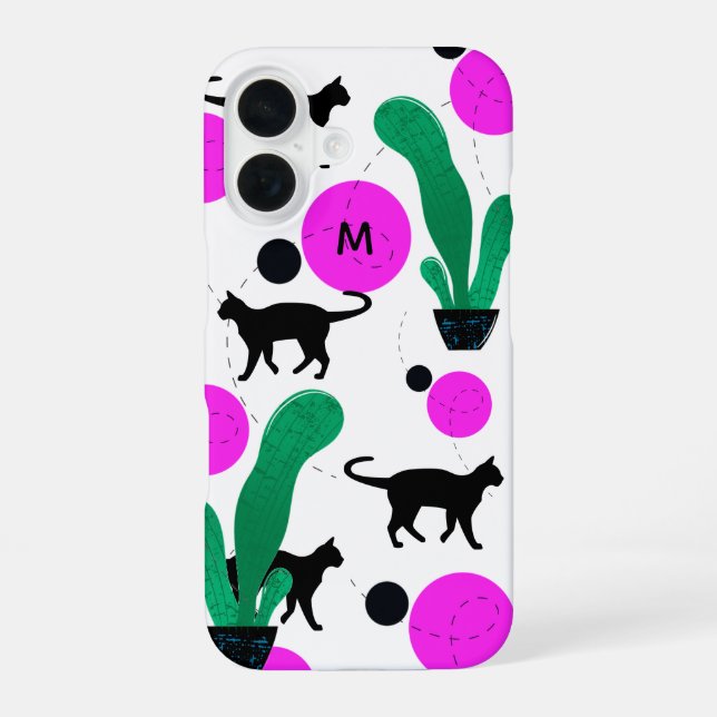 Modern Black Cat and Cactus Pattern Monogram Iphone Case (Back)