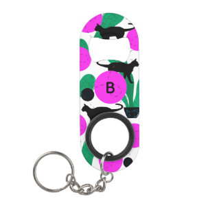 Modern Black Cat and Cactus Pattern Monogram Keychain Bottle Opener