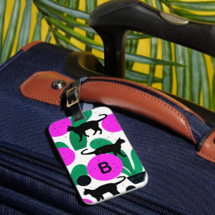 Modern Black Cat and Cactus Pattern Monogram Luggage Tag