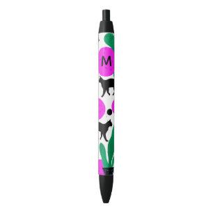 Modern Black Cat and Cactus Pattern Monogram Pen